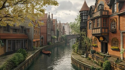 Fototapeta premium Charming canal scene featuring historic buildings and tranquil waters in a picturesque old town setting