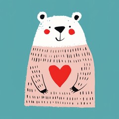 A cute, cartoon-style bear with a heart on its chest sits against a teal background, exuding warmth and friendliness.