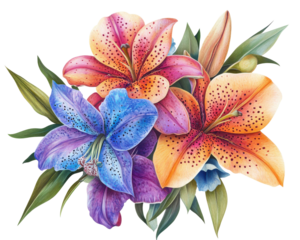 A vibrant arrangement of multi-colored lilies and petals on a green background.