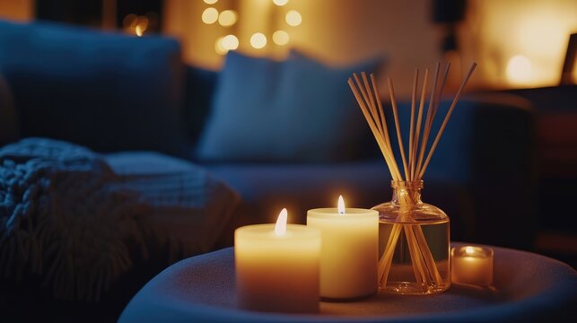 Cozy living room ambiance with candles and aroma reed diffuser creating a warm atmosphere for relaxation and tranquility