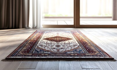 Oriental rug on hardwood floor near window.