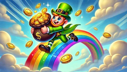 Leprechaun with pot of gold on rainbow, magical fantasy scene with lucky gold coins and clovers