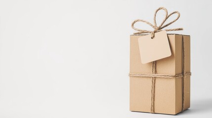 Cardboard box with blank tag and twine ribbon on white background symbolizing free shipping and online retail delivery services