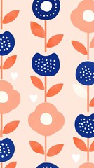 A cheerful floral pattern featuring stylized flowers in blue, pink, and orange against a soft background.