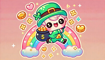 Happy leprechaun character running on a colorful rainbow with glittering gold accents.