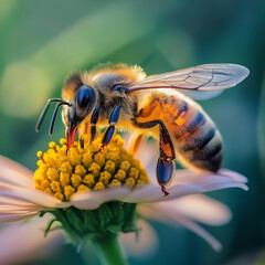 Fototapeta premium A close-up view of a honeybee collecting pollen on a white and yellow flower, emphasizing its fine details and vibrant spring setting