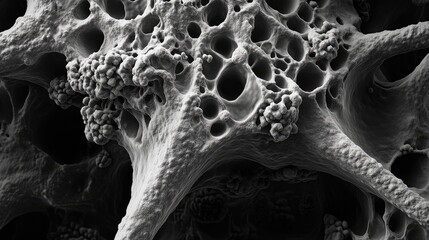 Bone cancer cell structure observed through a scanning electron microscope showcasing intricate details of cancerous cellular compositions.