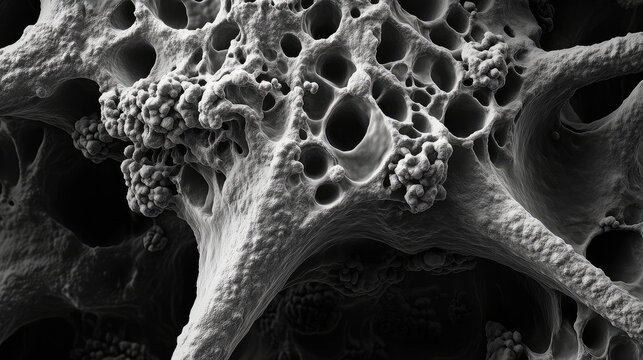 Bone cancer cell structure observed through a scanning electron microscope showcasing intricate details of cancerous cellular compositions.