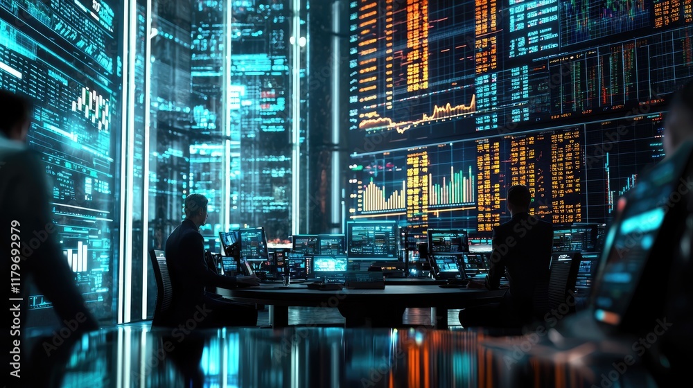 Aufkleber High-Tech Trading Room with Large Screens Showing Financial Data and Analytics in a Modern Office Environment
