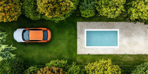 Aerial View Orange Car by Pool Illustration