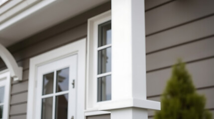 Fototapeta premium Exterior View of House with Gray Siding, White Trim, and Window