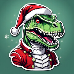 A green T rex Dinosaur sticker wearing santa hat and red eye looking angry. Christmas dinosaurs flat design cartoon seamless sticker on green background. 