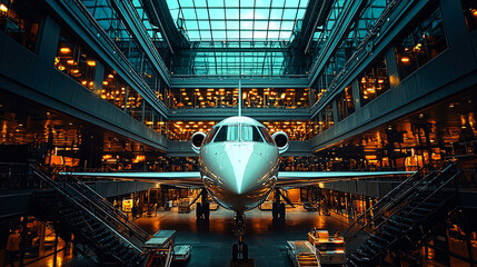 Private Jet in Modern Airport Hangar: Luxury Air Travel and Architectural Design