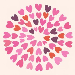 A vibrant circular pattern of hearts in various shades of pink and red, symbolizing love and affection.