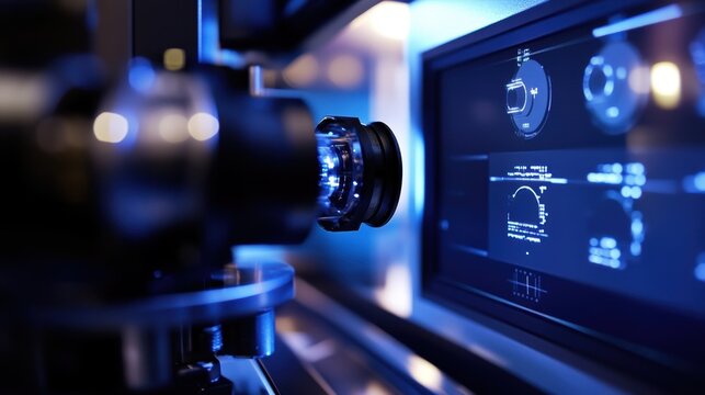 High tech industrial measuring machine is performing a quality check on a manufactured component, with a digital display showcasing the results and analysis in a modern factory setting