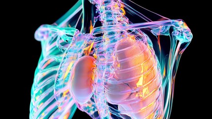 Vibrant 3D Render of Glowing Human Torso Anatomy: Detailed Illustration of Internal Organs. AI Generated