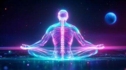 Vibrant 3D Render: Serene Cosmic Meditation Pose. AI Generated