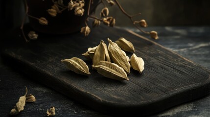Cardamom seed pods arranged on a rustic dark cutting board with dried flowers in the background creating an elegant culinary aesthetic.