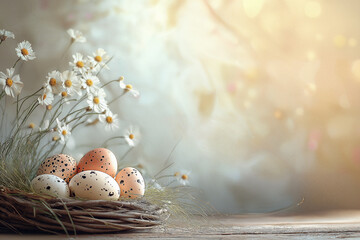 Easter eggs in a basket nest with daisy flowers
