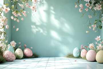 Easter background with eggs and blossom flowers