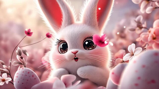 Cute baby bunny with big eyes in a pastel pink Easter-themed background, in a 3D style.