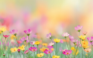 A serene meadow of colorful wildflowers blending seamlessly into a soft gradient of warm spring hues, creating a vibrant and dreamy landscape