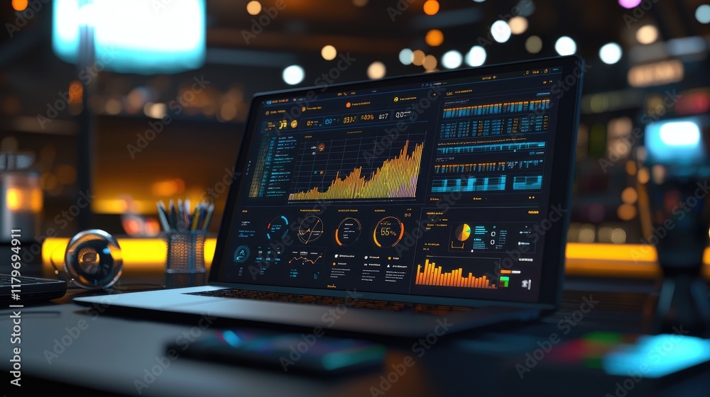 Fototapete Modern Laptop Displaying Data Analytics and Graphs in Dimly Lit Workspace with Bokeh Effect Background