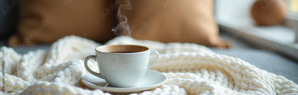 Poster A Cup Of Steaming Coffee Sits On A White Knitted Blanket In A Blurred Background Creating A Cozy Atmosphere At Home With Selective Focus. 00001