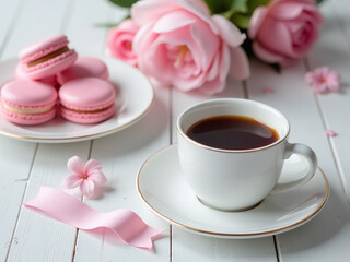 A Cup Of Coffee Rests Beside A Dessert Plate Adorned With Pink Macaroons And A Banner Featuring Blurred Pink Flowers. 00003