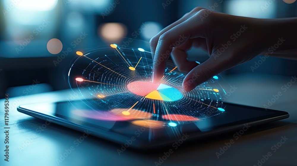 Poster Touch Interaction With Digital Interface on Tablet Displaying Colorful Data Visualizations and Analytics Concept