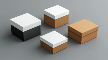 Obraz premium Cardboard parcel box for delivery vector icon. 3d isolated carton white, black and brown paper storage container set. Realistic render of simple blank deliver case for courier distribution in color