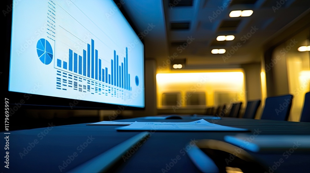 Aufkleber Modern Conference Room With Digital Screen Displaying Graphs and Charts in Corporate Setting