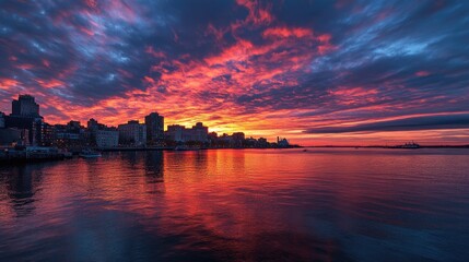Vibrant city skyline at sunset with dramatic clouds reflecting on the calm water creating a serene and picturesque urban landscape.