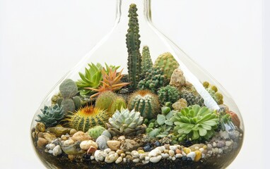 A bottle garden featuring layers of soil, pebbles, and a small cactus in the center