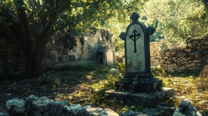 A weathered tombstone with a cross and halo sits in a cemetery surrounded by wild grass and illuminated by sunlight