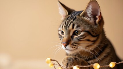 A curious tabby cat gazes to the left, paw grasping a string of twinkling yellow Christmas lights,...