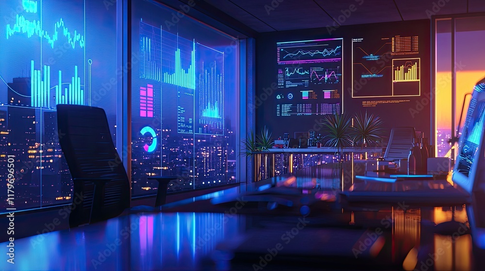 Aufkleber modern office interior with high-tech displays overlooking cityscape at sunset with vibrant graphs a