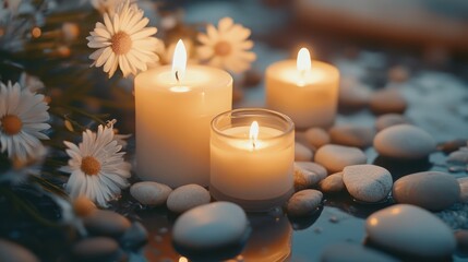 Candles flowers and pebbles create a calming spa treatment setting for relaxation and self-care moments