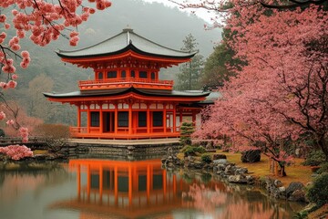 Naklejka premium traditional japanese cultural scene historic kyoto temple architecture with cherry blossoms and traditional garden elements