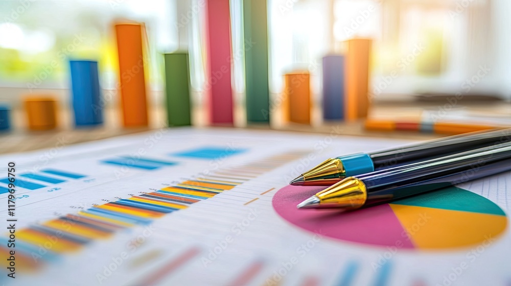 Aufkleber colorful graphs and charts with pens on a table for business analysis and financial planning