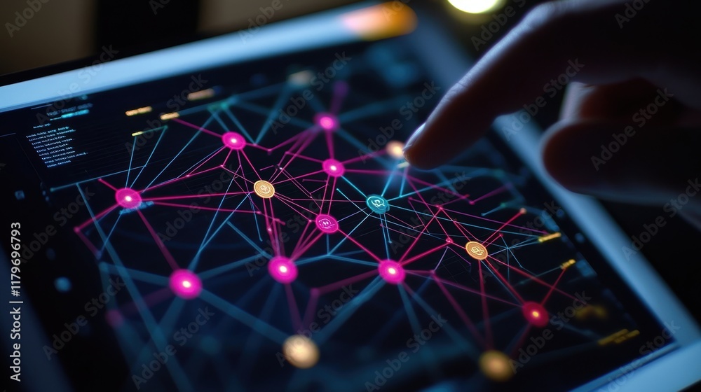 Poster engineer uses their finger to interact with a digital tablet displaying a complex network of interco