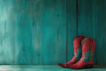 Teal wooden backdrop featuring cowboy boots and hat in burnt red with area for text