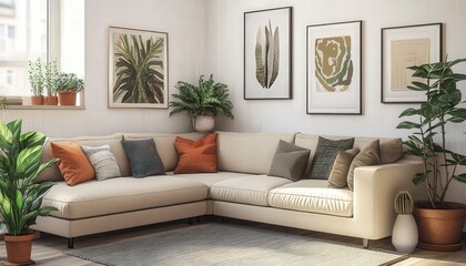 Fototapeta premium Modern Beige Sectional Sofa in Living Room Interior Design