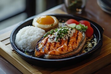 Teriyaki salmon fillet with rice on a wooden table