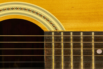 Obraz premium Modern style wooden acoustic guitar isolated, showing some specific parts, with metal strings, ideal for Rock music