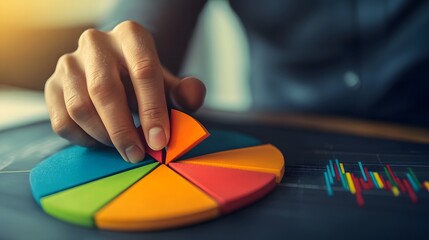A hand manipulating a colorful pie chart for data analysis