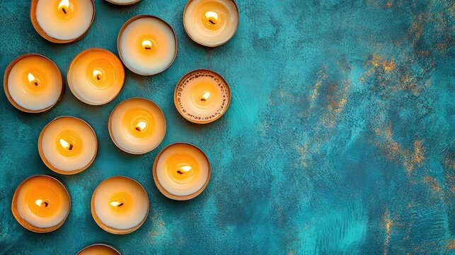 Candles arranged in a decorative pattern with yantras and mantras on a teal background creating a serene ambiance for meditation and relaxation