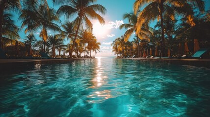 Fototapeta premium Sunset view from a tropical resort pool.