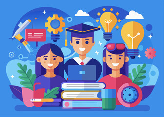 Graduation Celebration with Smiling Graduates – Academic Achievement and Festive Artwork