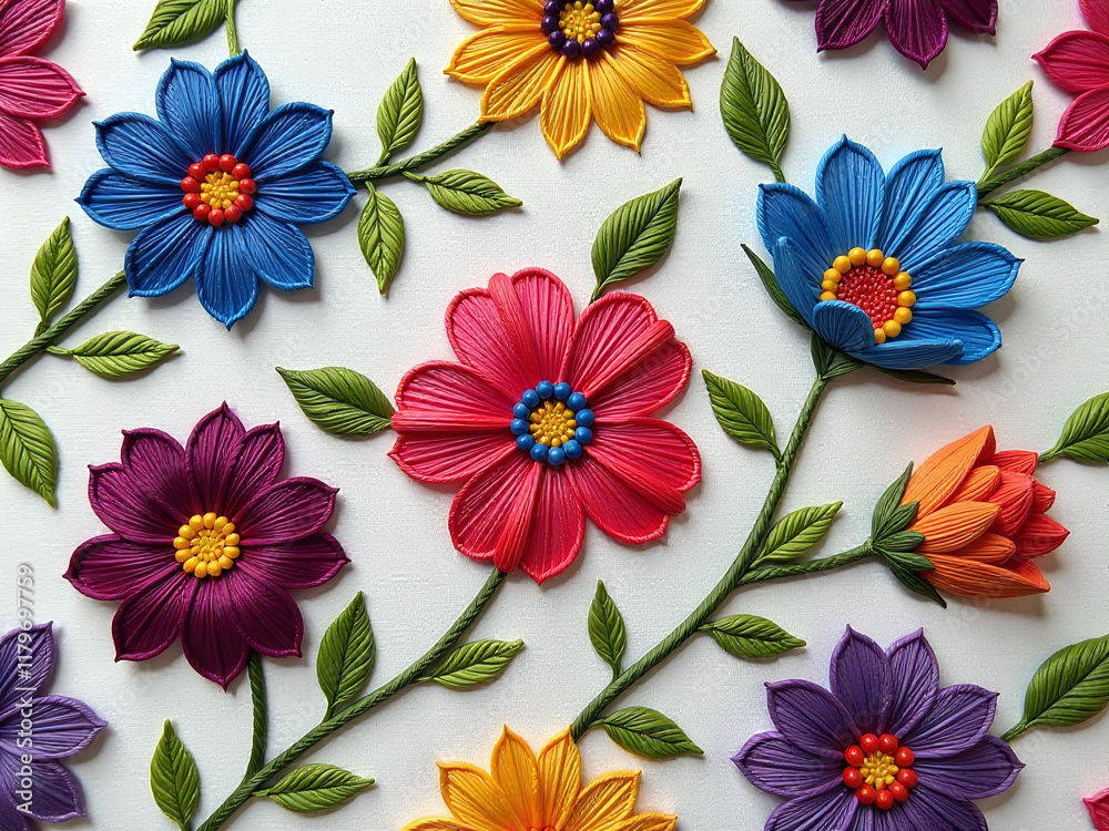 Poster A Colorful, Intricate Pattern Of Embroidered Flowers Is Used To Create A Seamless Decorative Textile Design On Fabrics And Other Materials. 00003
